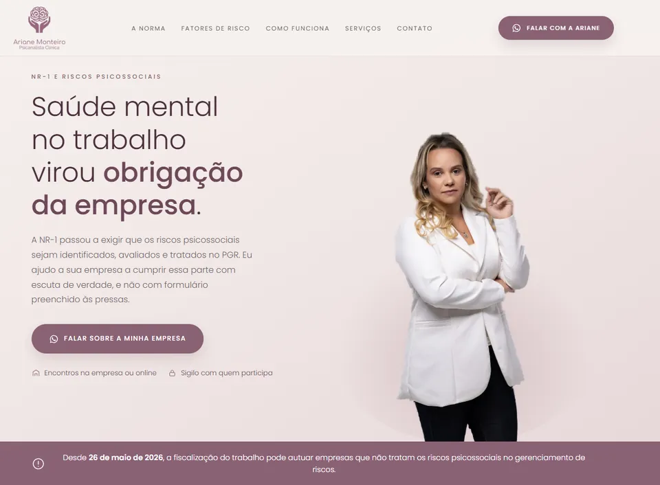 Página de NR-1 da Ariane Monteiro, com o título Saúde mental no trabalho virou obrigação da empresa